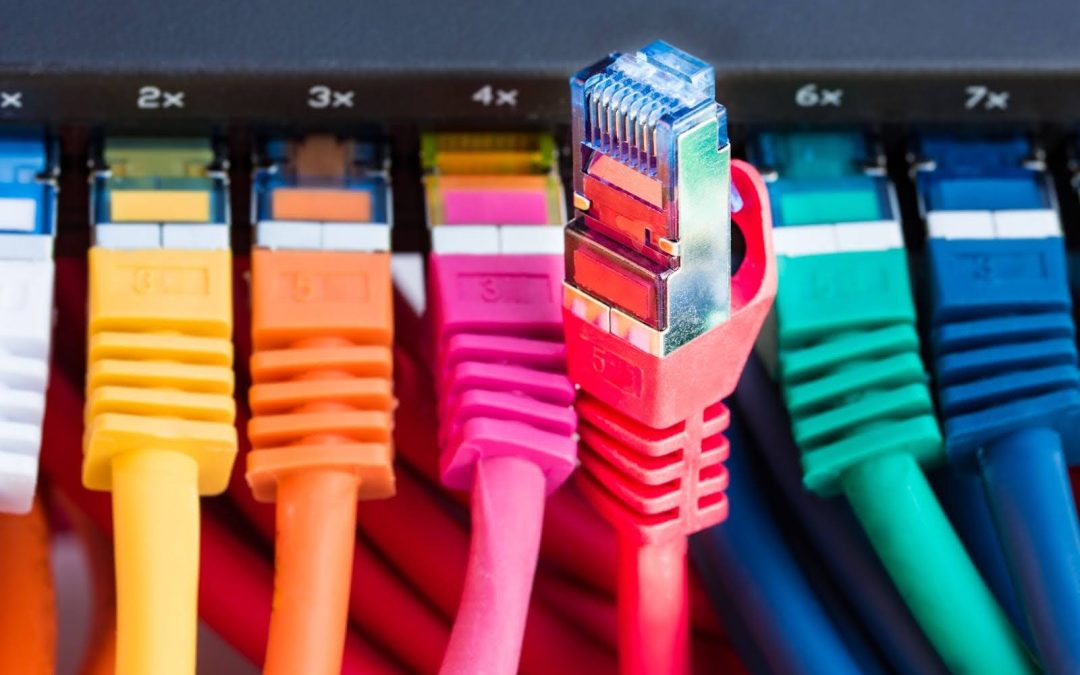 Colorful Ethernet network cables plugged into a black network switch
